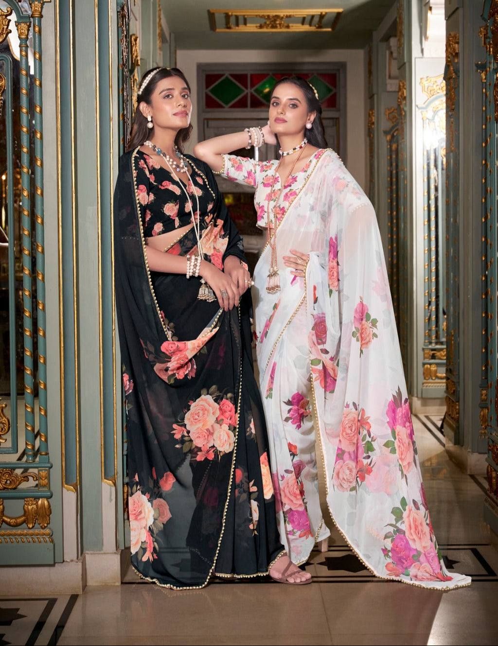 Stunning Georgette Floral Printed Pearl Lace Border Worked Saree - ETHNICDEAL