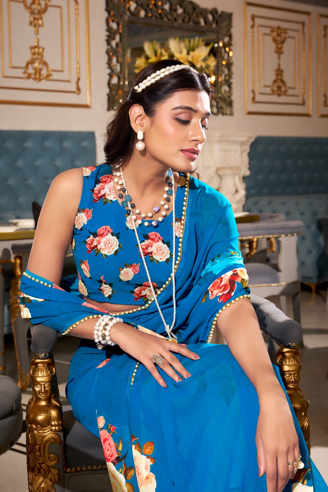 Stunning Georgette Floral Printed Pearl Lace Border Worked Saree - ETHNICDEAL