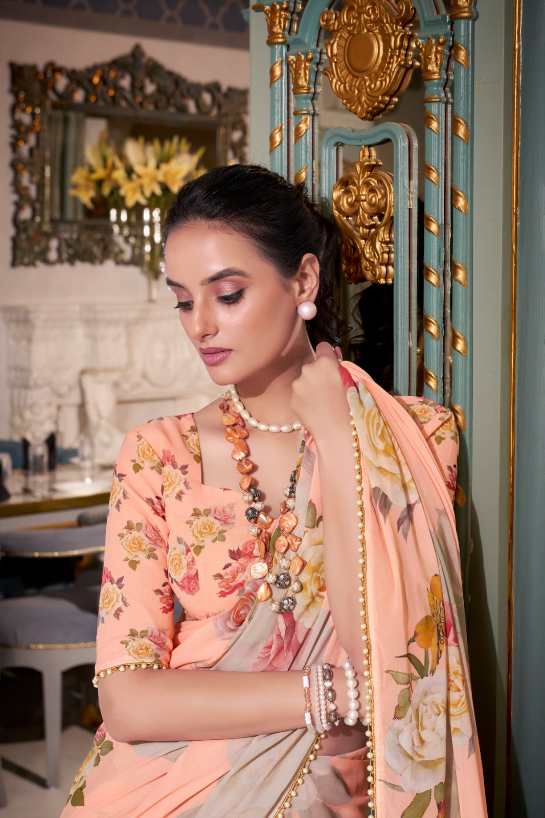 Stunning Georgette Floral Printed Pearl Lace Border Worked Saree - ETHNICDEAL