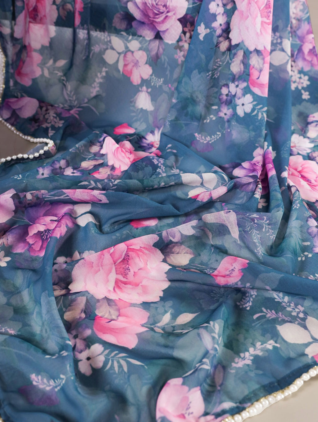 Radiant Georgette Floral Digital Printed Pearl Lace Worked Saree - Ethnicwish