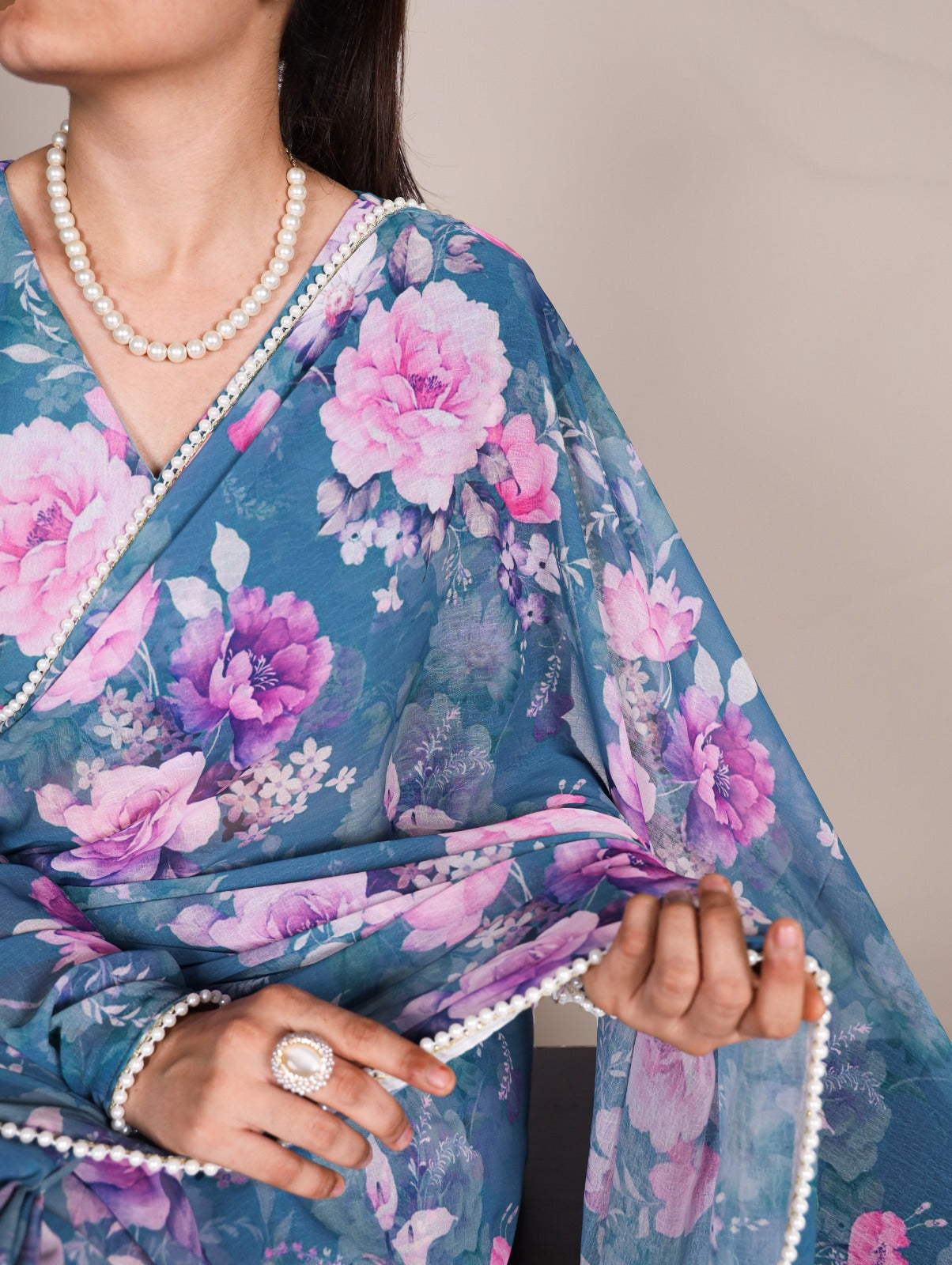 Radiant Georgette Floral Digital Printed Pearl Lace Worked Saree - Ethnicwish