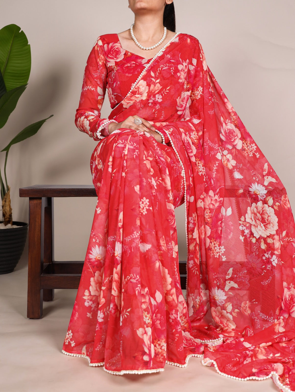 Radiant Georgette Floral Digital Printed Pearl Lace Worked Saree - Ethnicwish