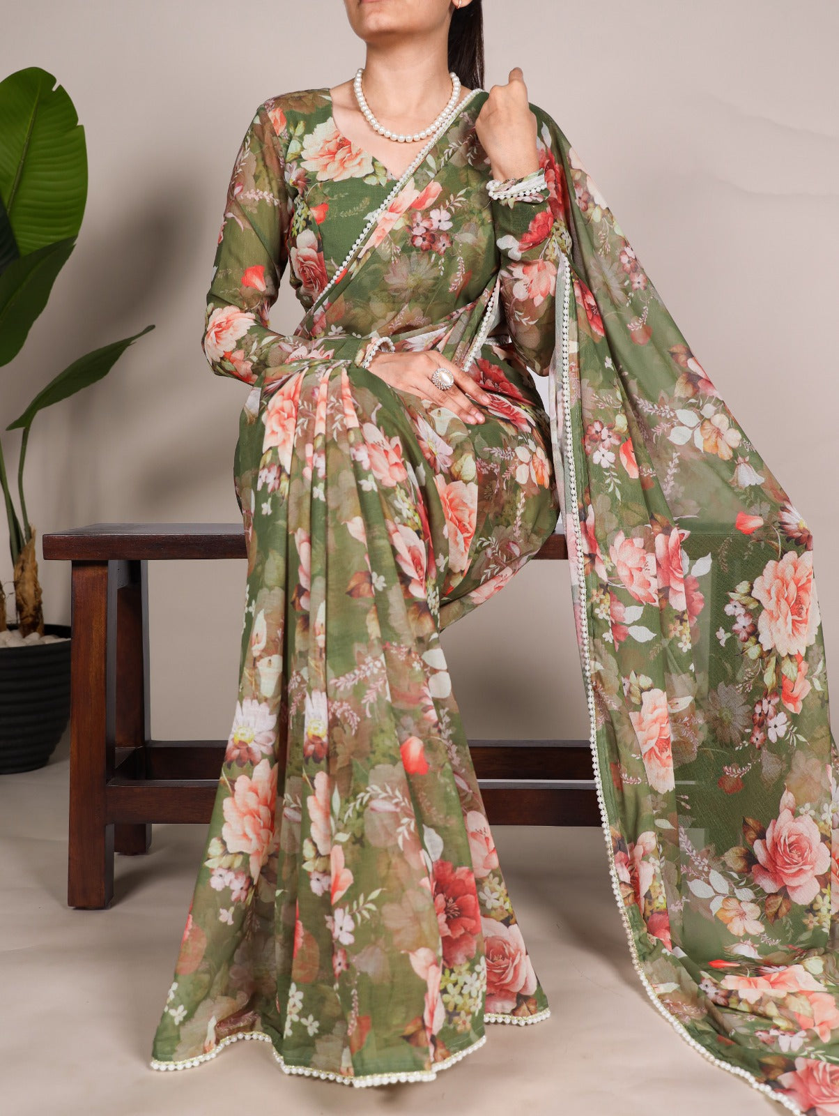 Radiant Georgette Floral Digital Printed Pearl Lace Worked Saree - Ethnicwish