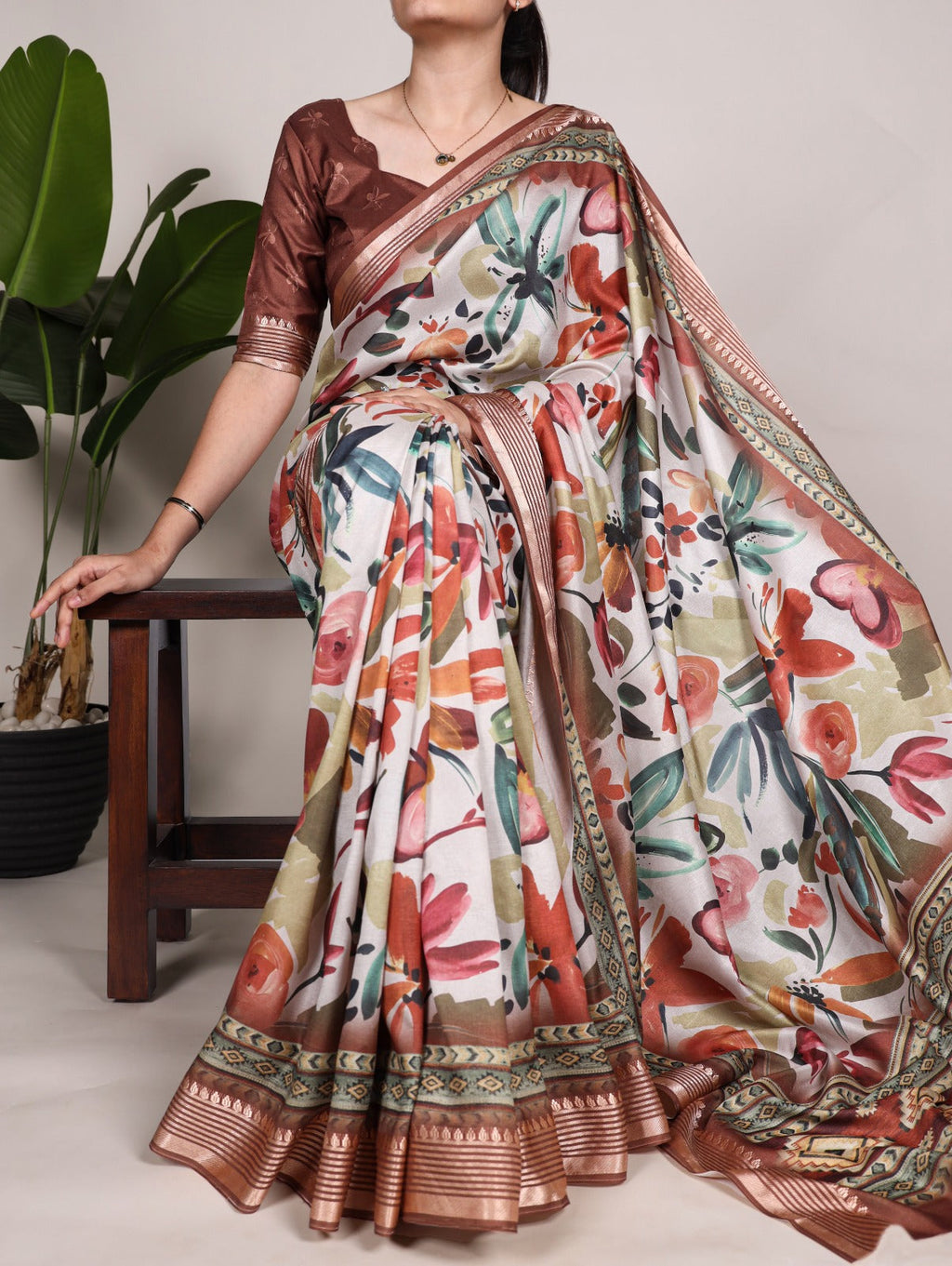 Ravishing Tussar Silk Viscose Border Worked Printed Saree - Ethnicwish