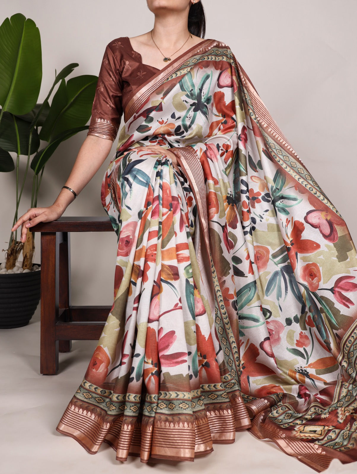 Ravishing Tussar Silk Viscose Border Worked Printed Saree - Ethnicwish