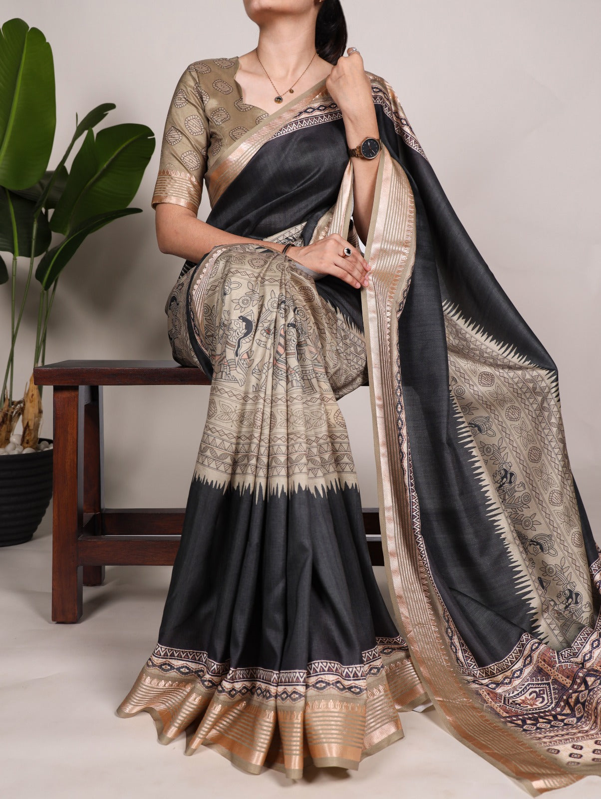 Fabulous Chikoo Tussar Silk Viscose Border Worked Printed Saree - Ethnicwish