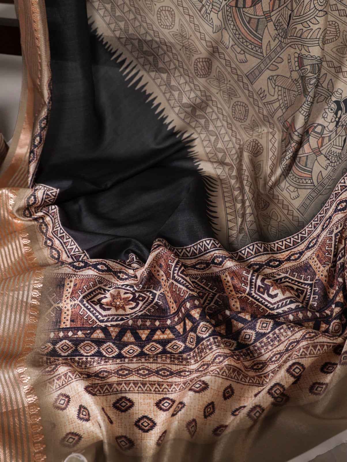 Fabulous Chikoo Tussar Silk Viscose Border Worked Printed Saree - Ethnicwish