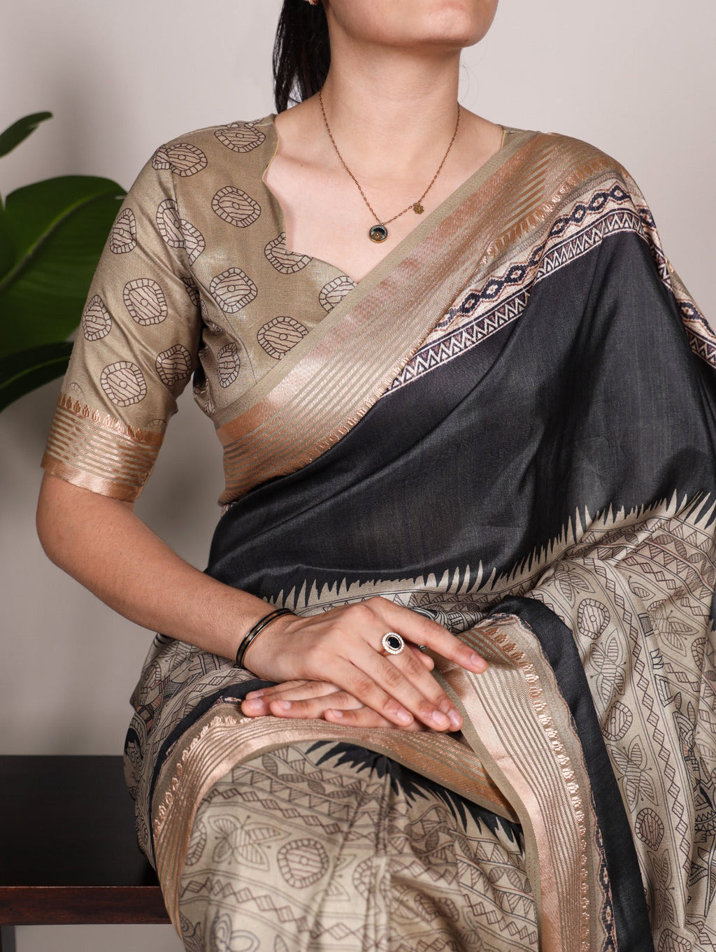 Fabulous Chikoo Tussar Silk Viscose Border Worked Printed Saree - Ethnicwish