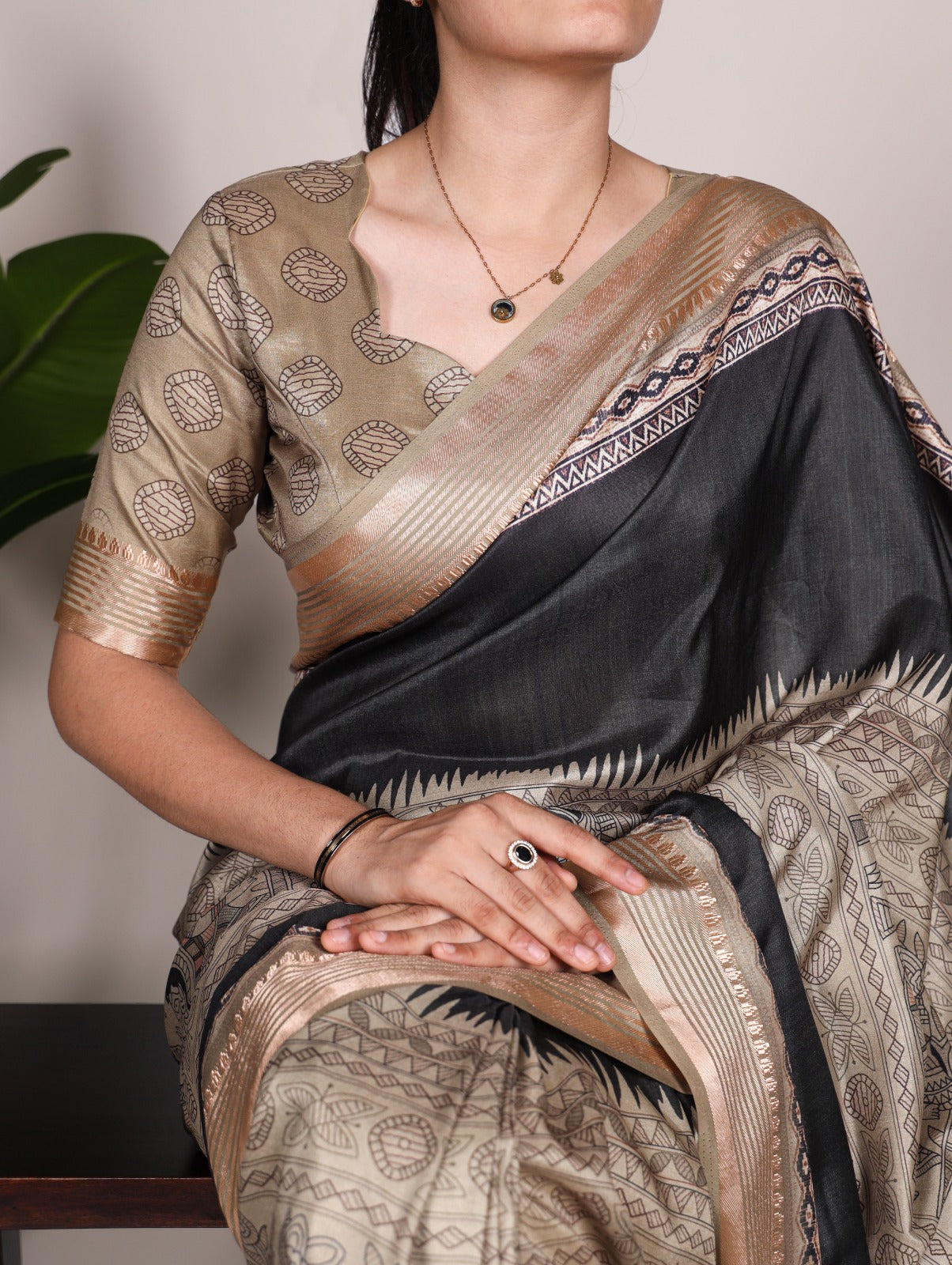 Fabulous Chikoo Tussar Silk Viscose Border Worked Printed Saree - Ethnicwish