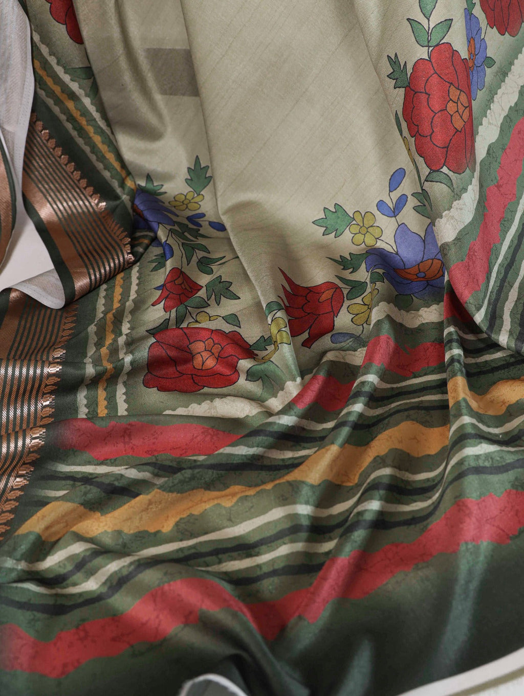 Divine Mehendi Green Tussar Silk Viscose Border Worked Printed Saree - Ethnicwish