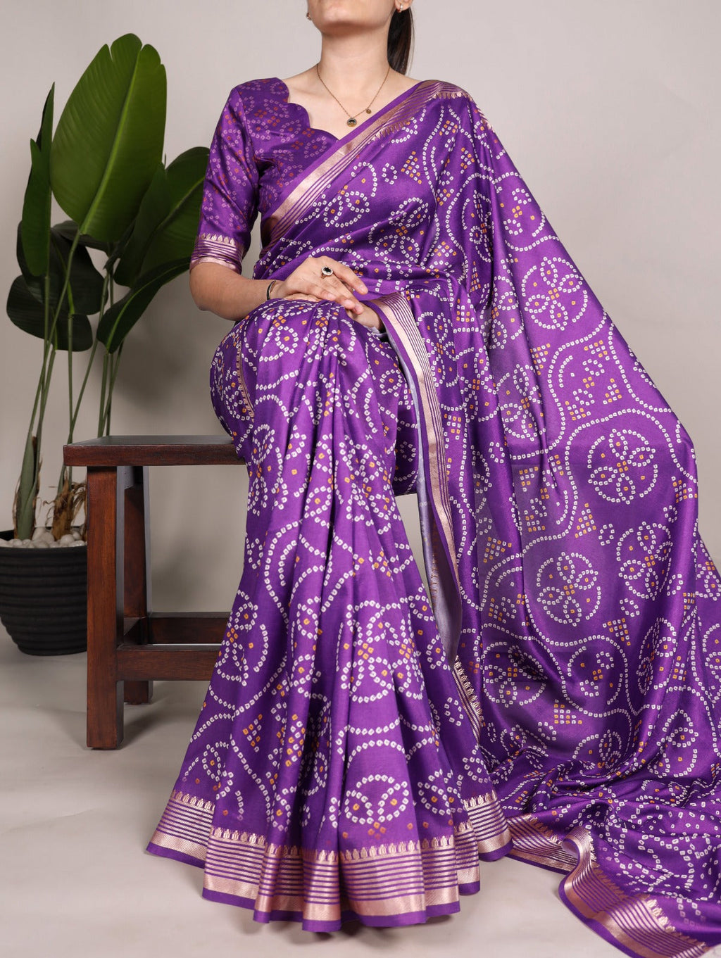 Alluring PurpleTussar Silk Viscose Border Worked Printed Saree - Ethnicwish
