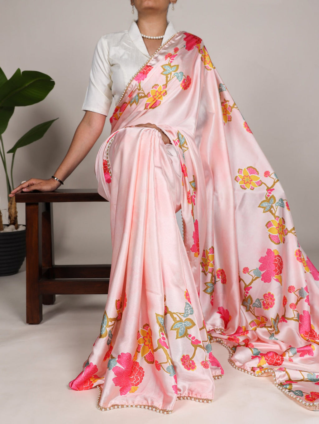 Stylish Light Pink Satin Silk Floral Printed Pearl Lace Border Saree - Ethnicwish