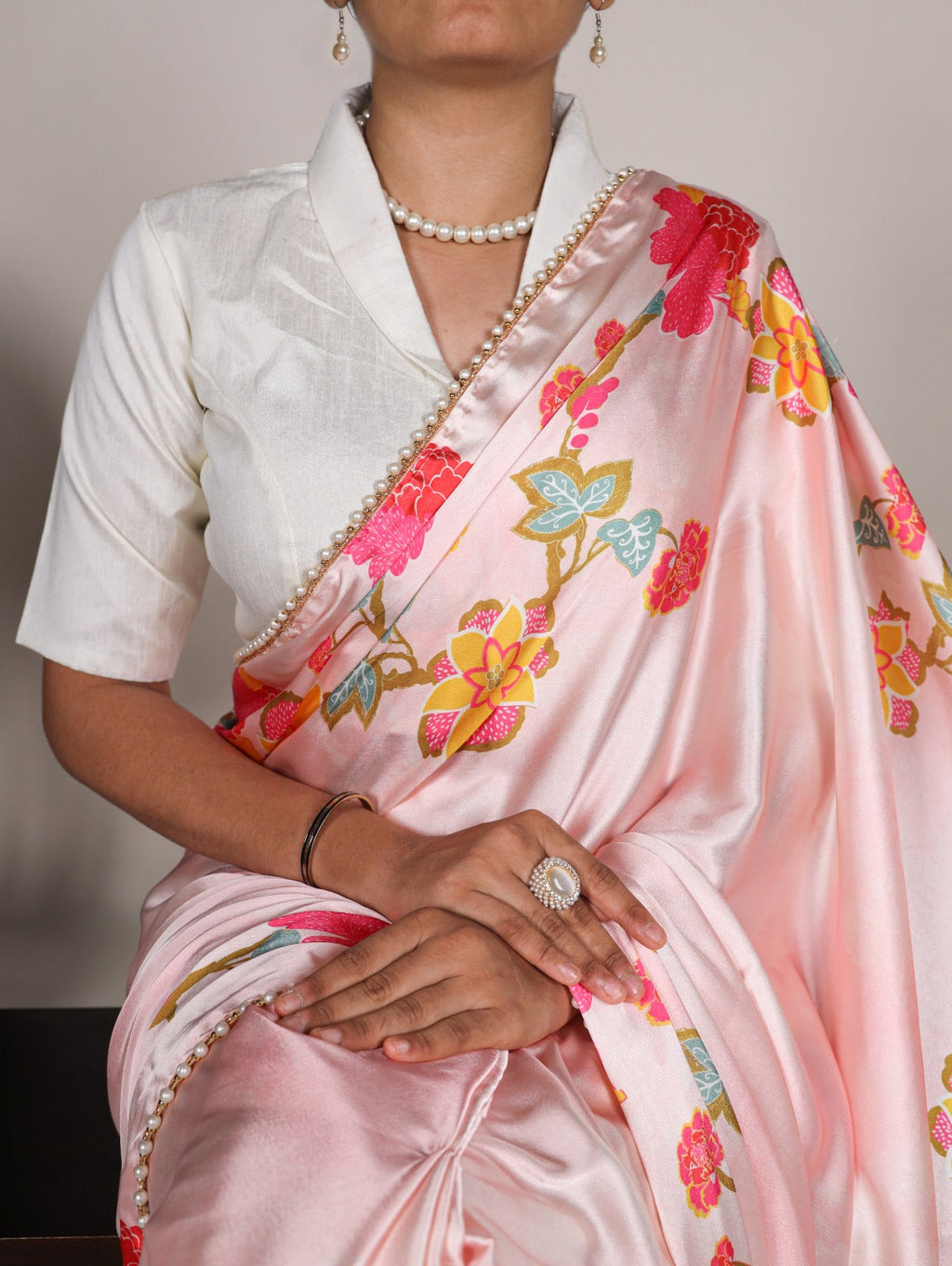 Stylish Light Pink Satin Silk Floral Printed Pearl Lace Border Saree - Ethnicwish