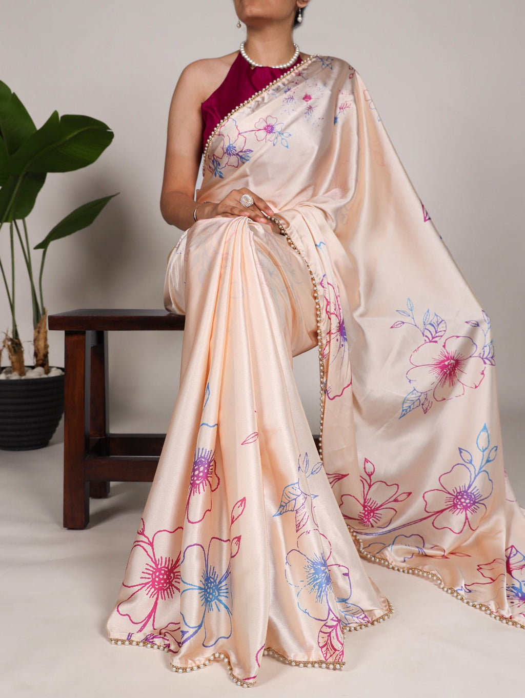 Radiant Peach Satin Silk Floral Printed Pearl Lace Border Saree - Ethnicwish
