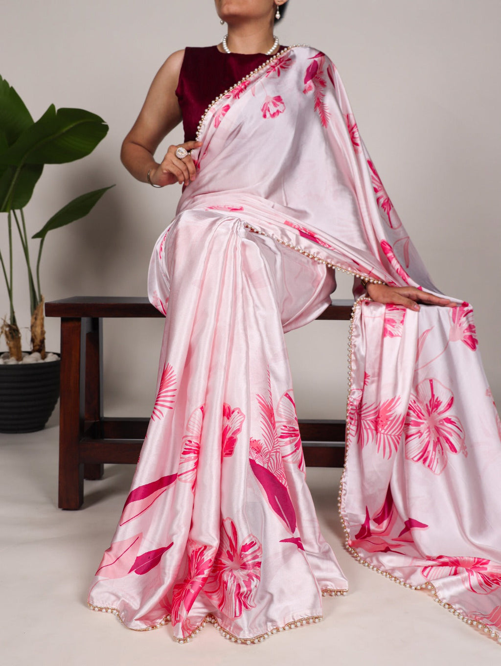 Spellbinding Pink Satin Silk Floral Printed Pearl Lace Border Saree - Ethnicwish