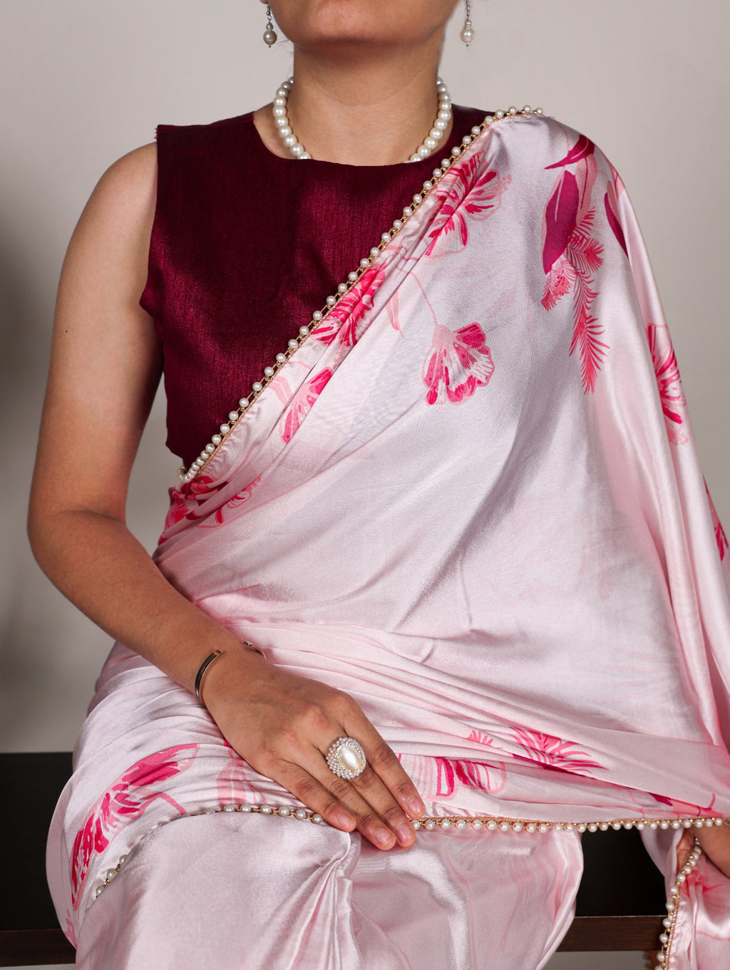 Spellbinding Pink Satin Silk Floral Printed Pearl Lace Border Saree - Ethnicwish
