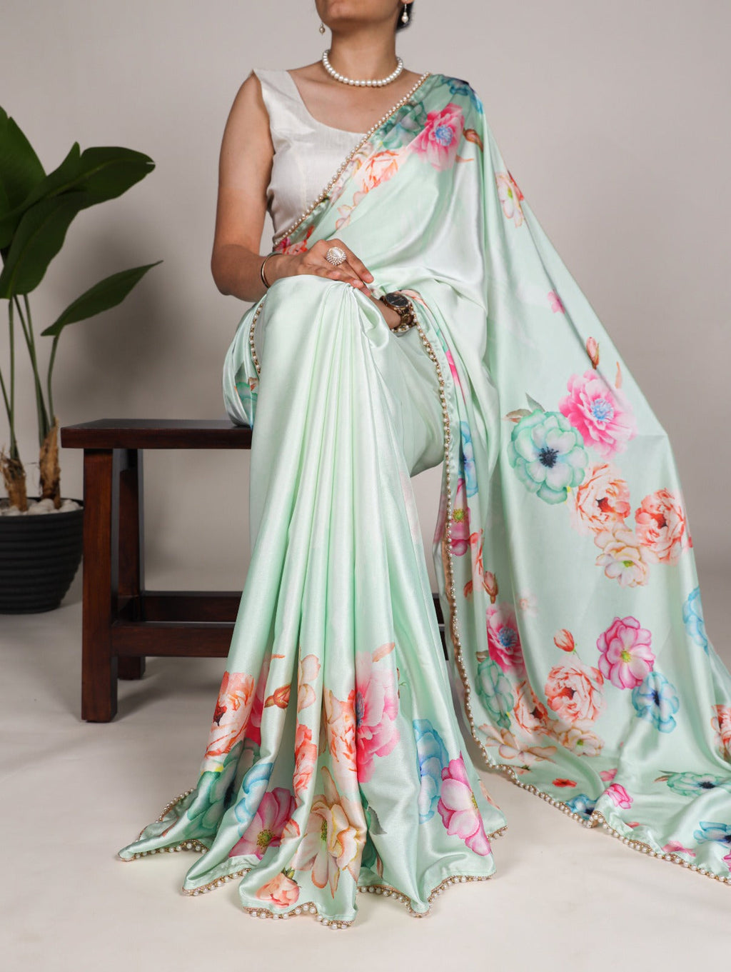 Mesmerizing Pista Green Satin Silk Floral Printed Pearl Lace Border Saree - Ethnicwish