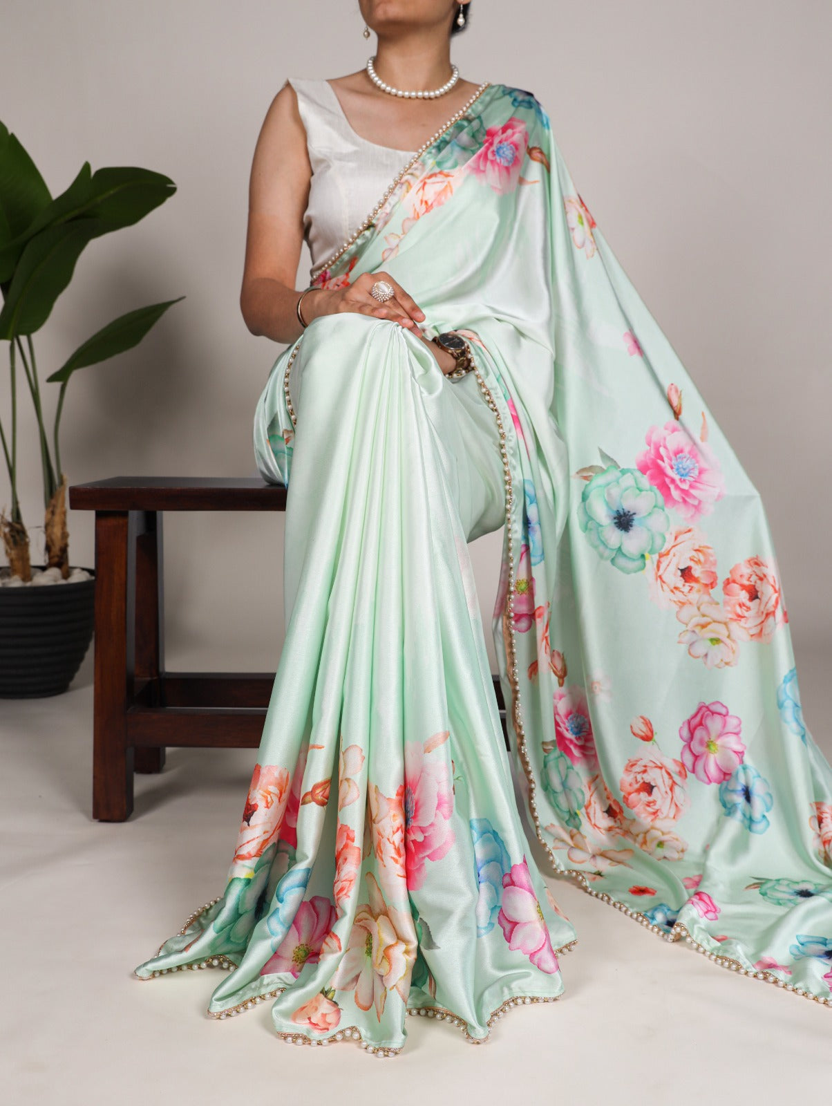 Mesmerizing Pista Green Satin Silk Floral Printed Pearl Lace Border Saree - Ethnicwish