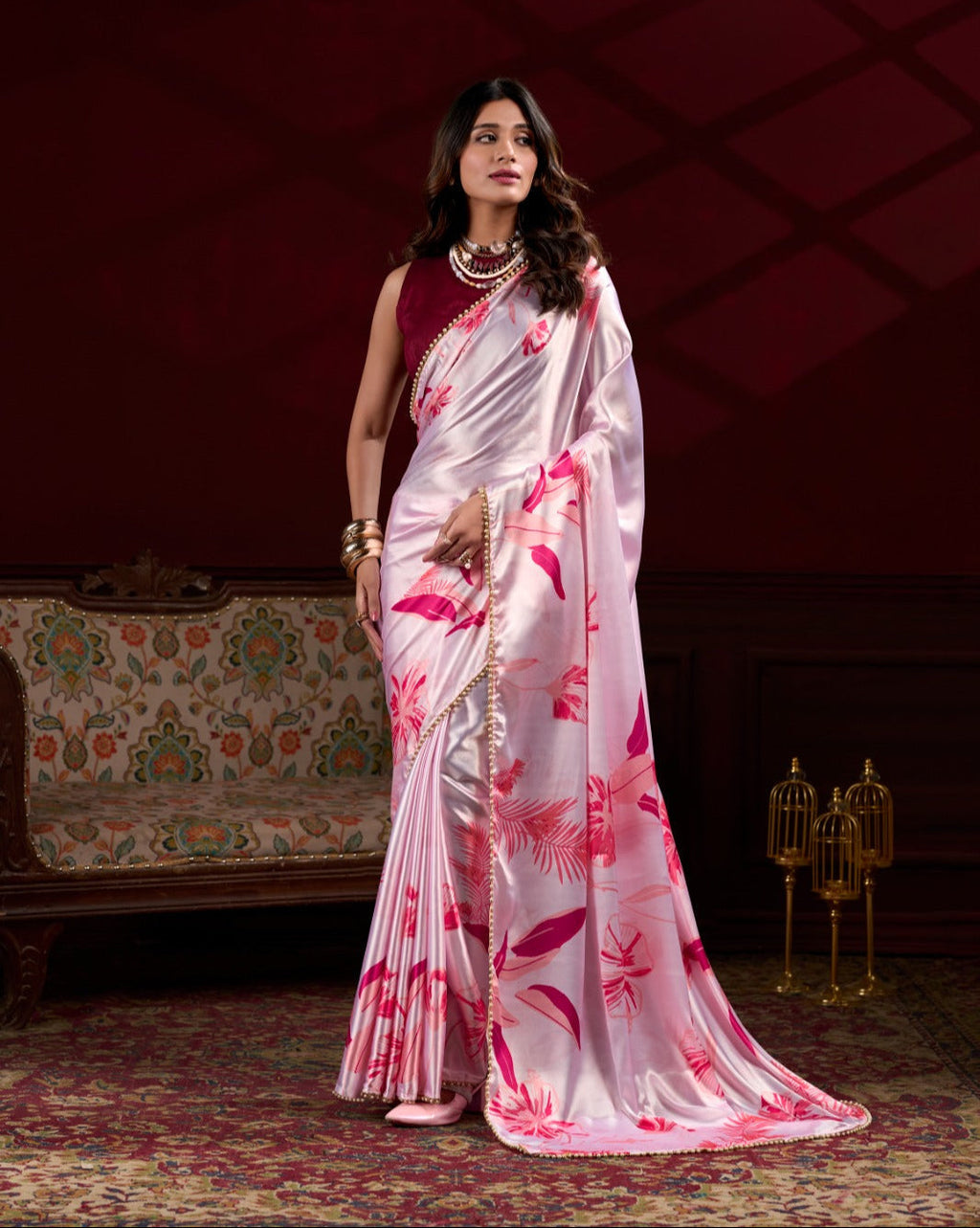 Spellbinding Pink Satin Silk Floral Printed Pearl Lace Border Saree - Ethnicwish