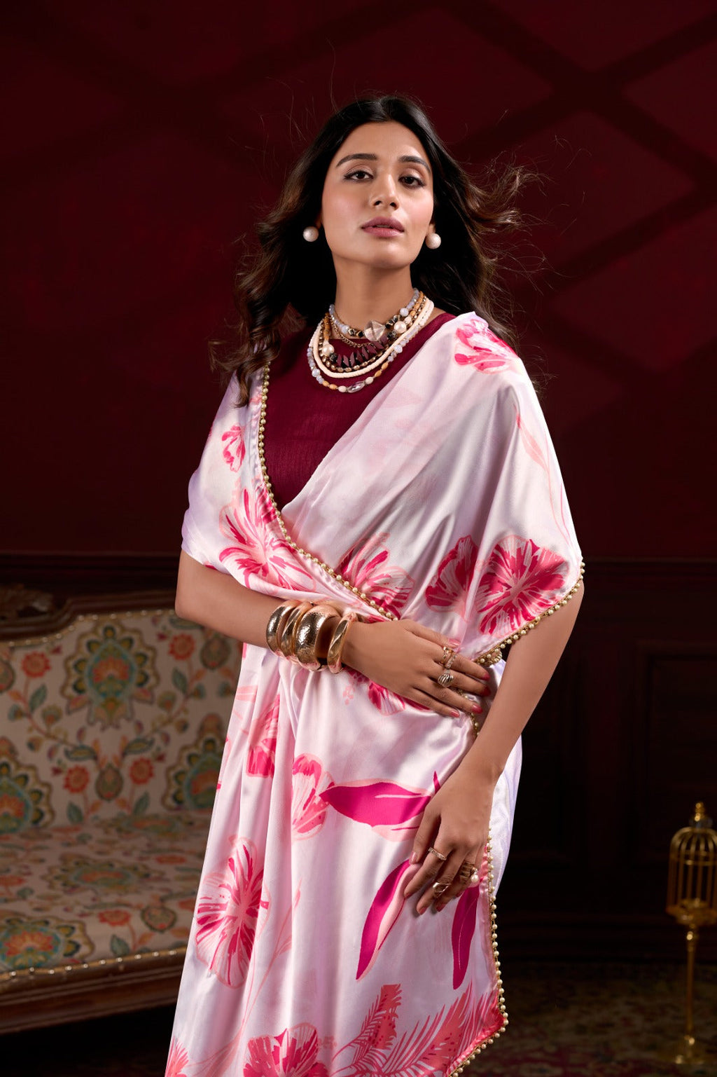 Spellbinding Pink Satin Silk Floral Printed Pearl Lace Border Saree - Ethnicwish