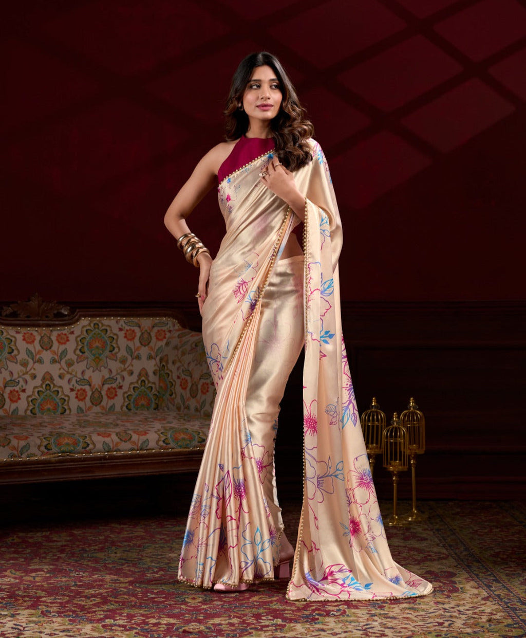 Radiant Peach Satin Silk Floral Printed Pearl Lace Border Saree - Ethnicwish