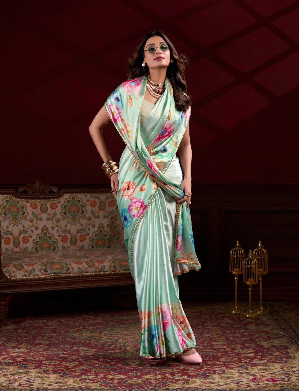 Mesmerizing Pista Green Satin Silk Floral Printed Pearl Lace Border Saree - Ethnicwish