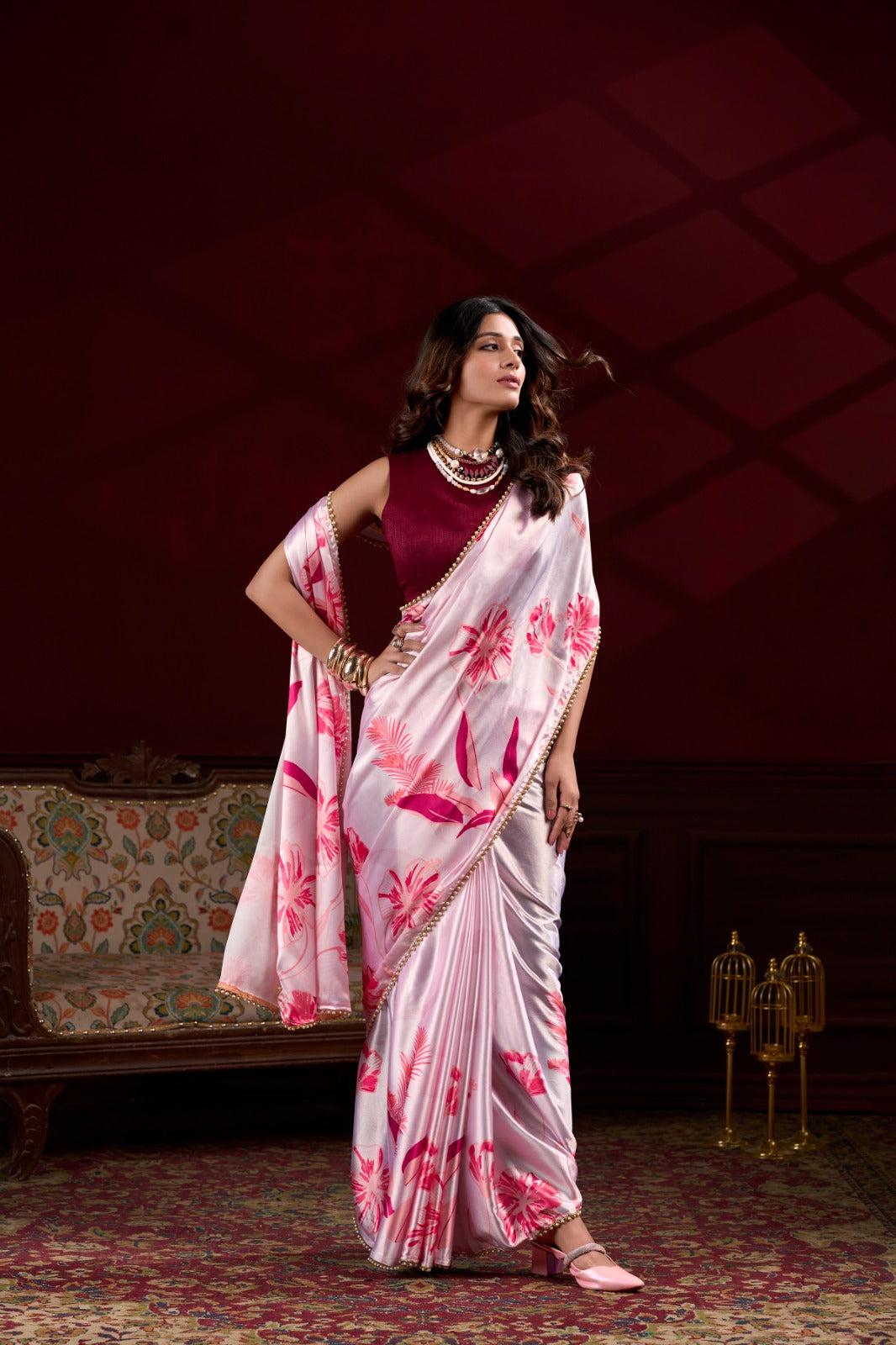 Spellbinding Pink Satin Silk Floral Printed Pearl Lace Border Saree - Ethnicwish
