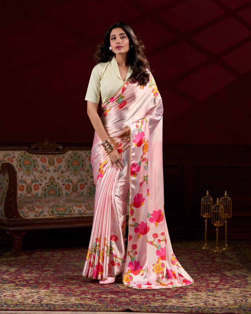 Stylish Light Pink Satin Silk Floral Printed Pearl Lace Border Saree - Ethnicwish