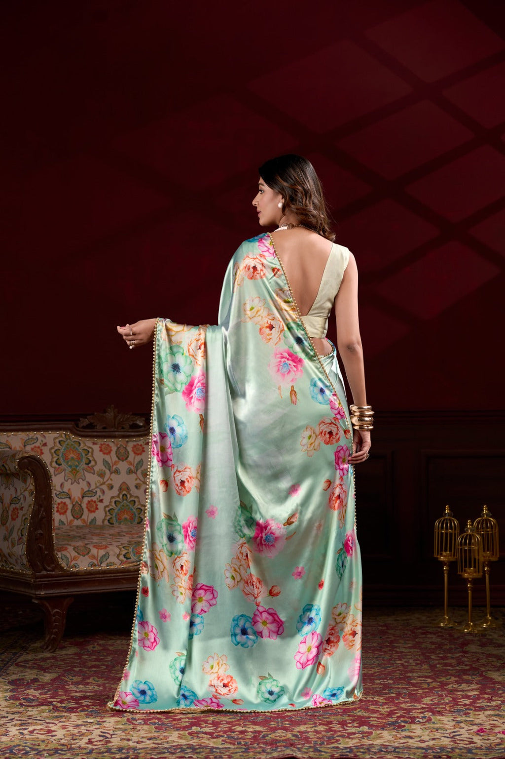 Mesmerizing Pista Green Satin Silk Floral Printed Pearl Lace Border Saree - Ethnicwish