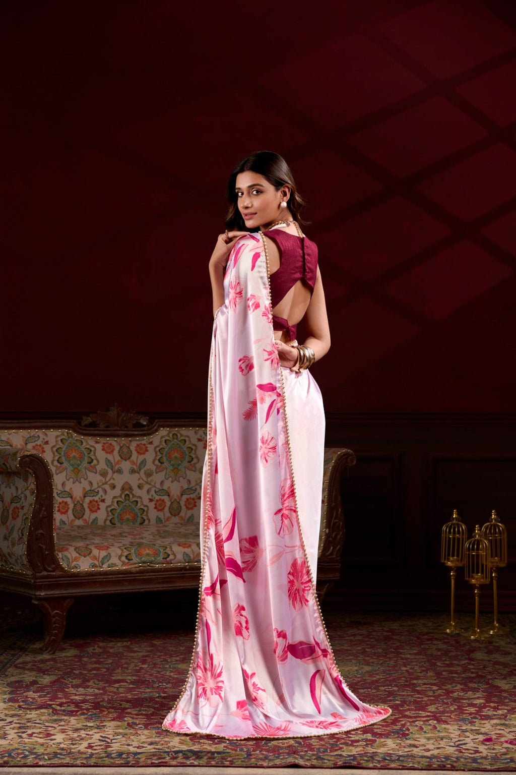 Spellbinding Pink Satin Silk Floral Printed Pearl Lace Border Saree - Ethnicwish