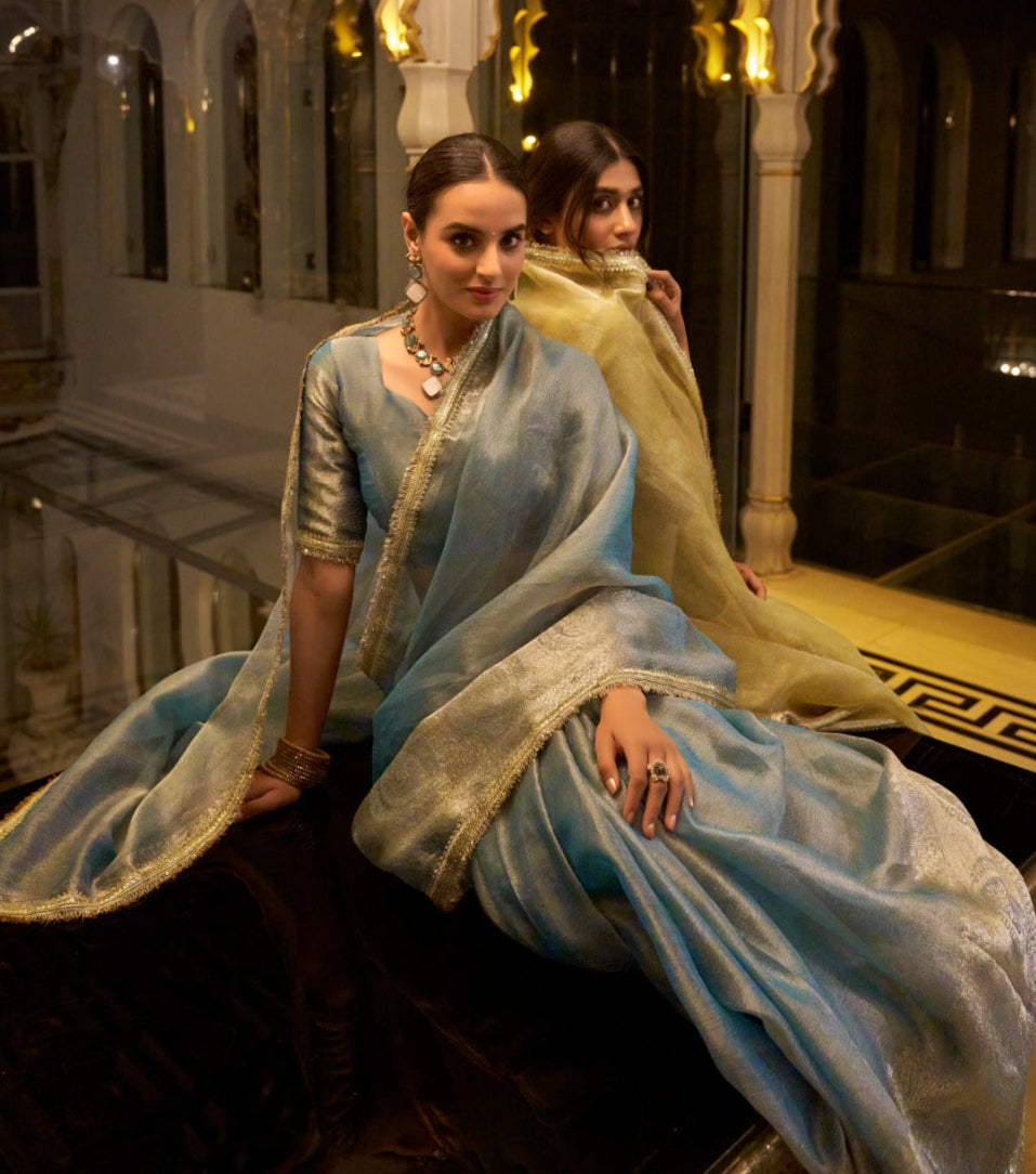 Elegant Tissue Shimmer Saree With Zari Weaving Work - ETHNICDEAL