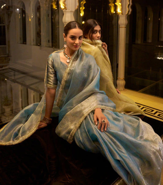 Elegant Tissue Shimmer Saree With Zari Weaving Work - ETHNICDEAL