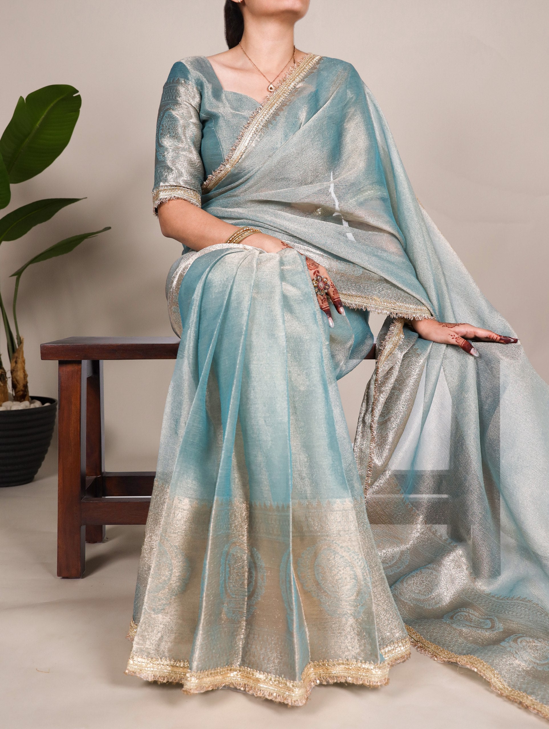 Elegant Tissue Shimmer Saree With Zari Weaving Work - ETHNICDEAL