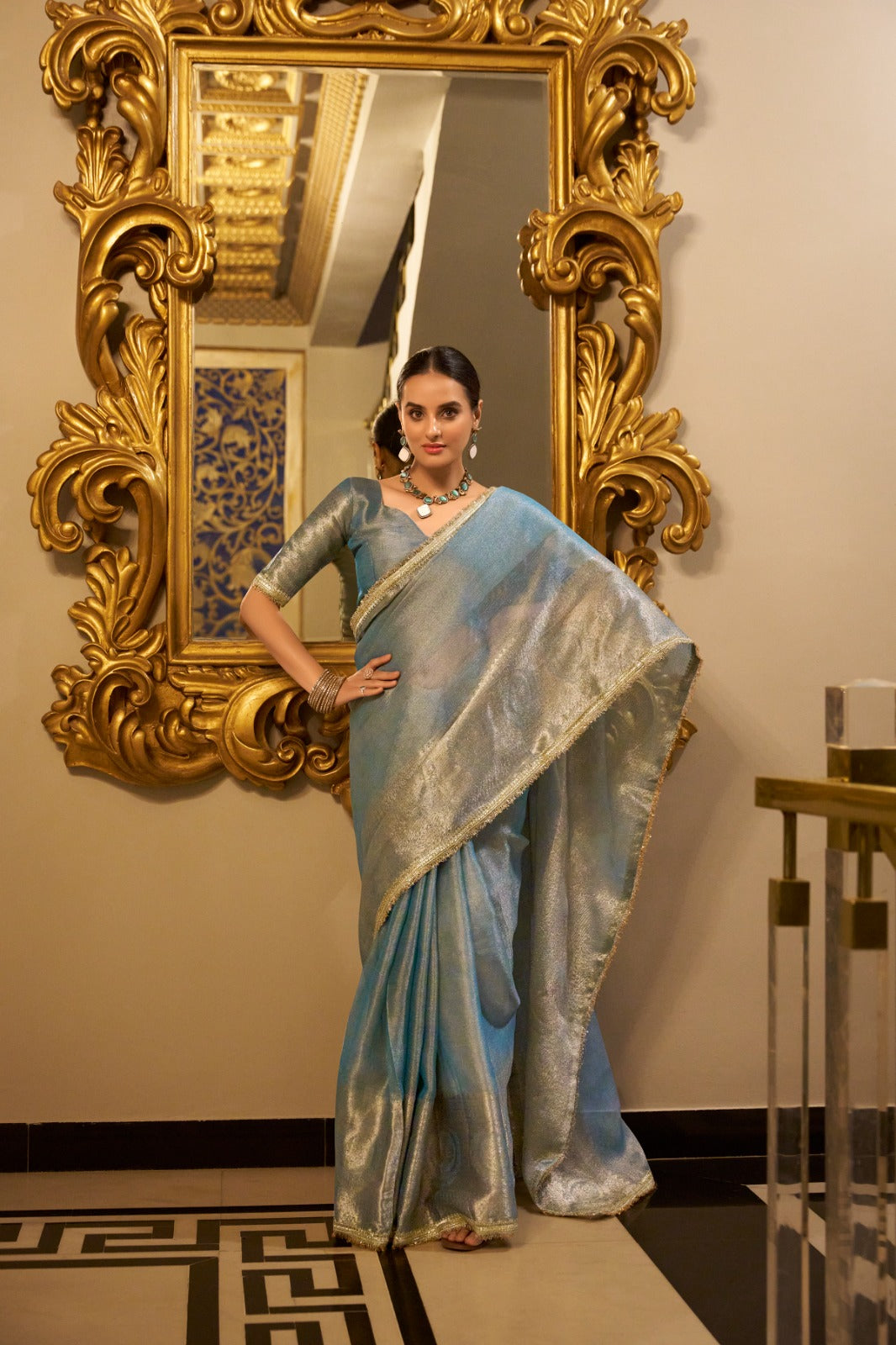 Elegant Tissue Shimmer Saree With Zari Weaving Work - ETHNICDEAL