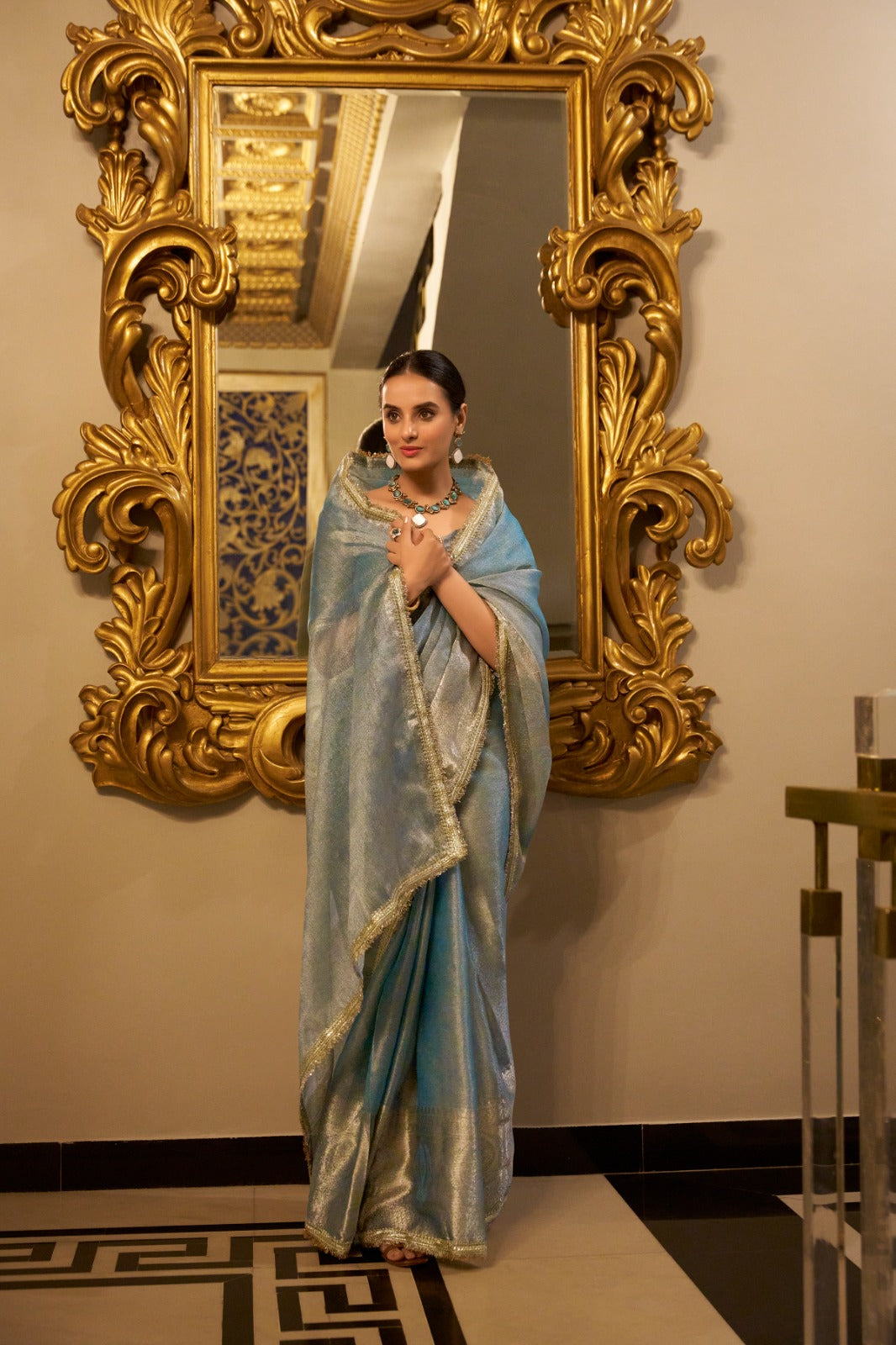 Elegant Tissue Shimmer Saree With Zari Weaving Work - ETHNICDEAL