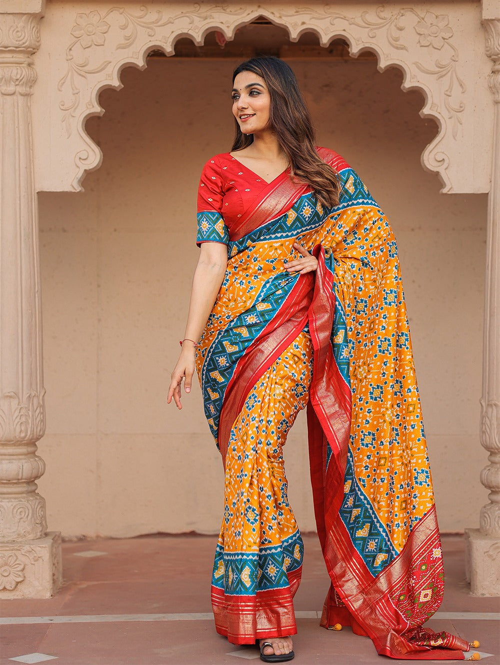 Sublime Mustard Patola Printed Mustard Dola Silk Saree - Ethnicwish