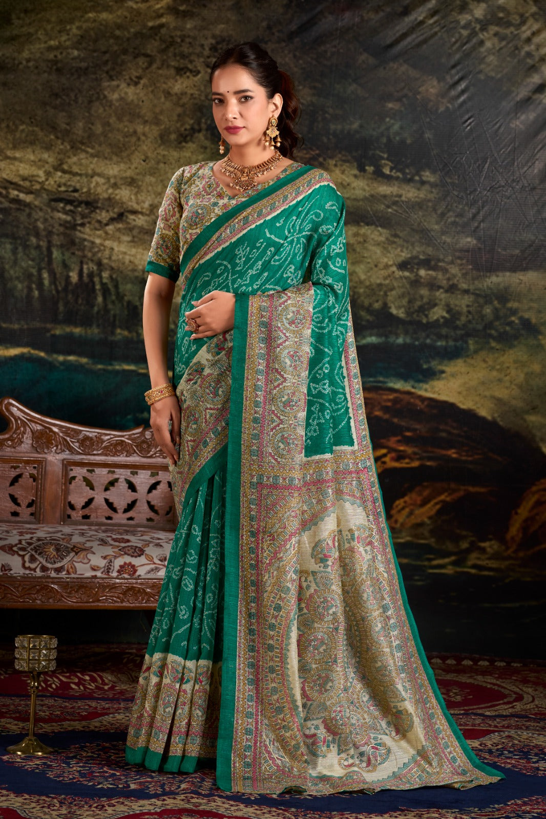 Magnificent Silk Fusion Madhubani Bandhej Printed Saree - Ethnicwish