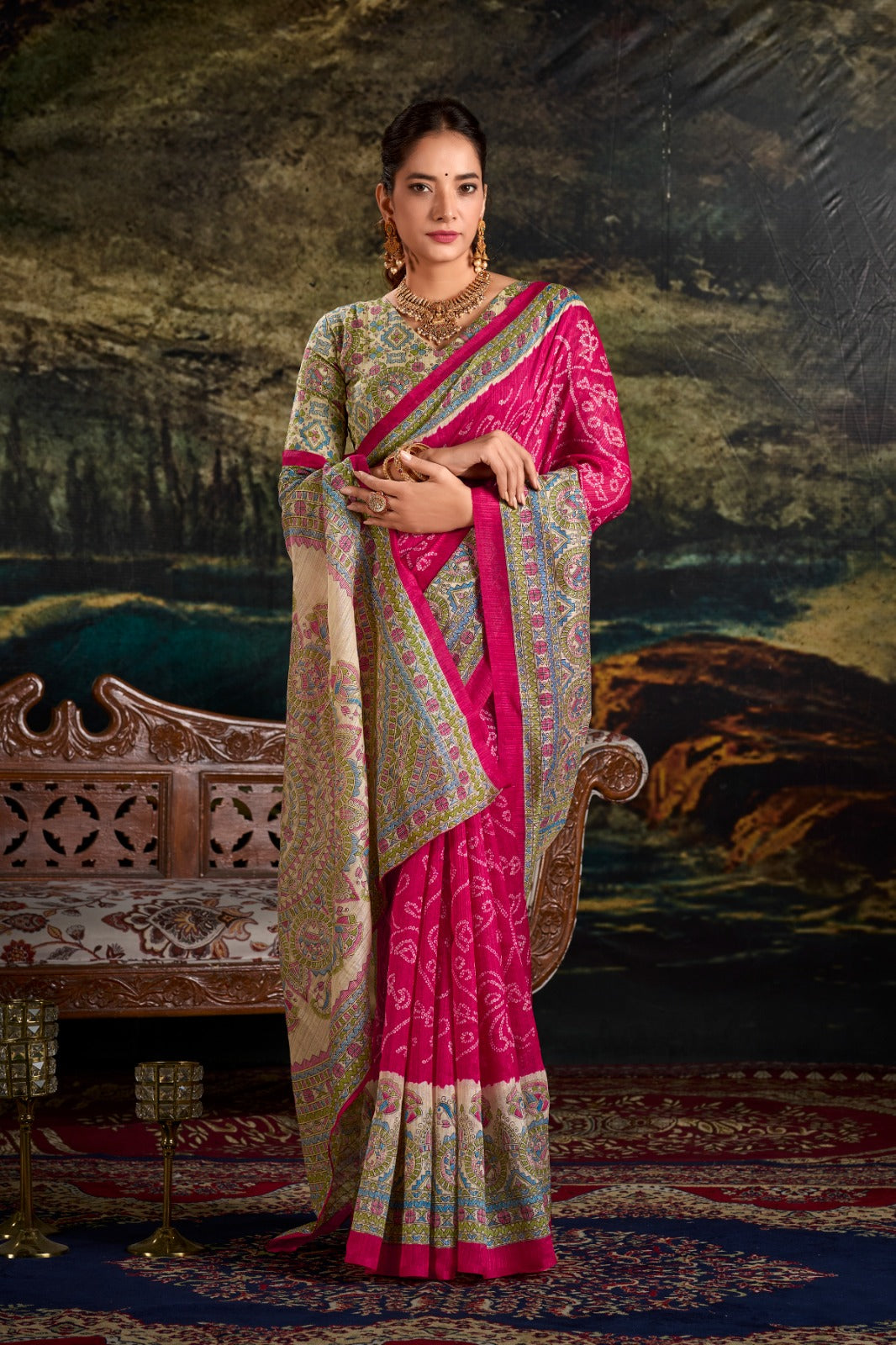 Magnificent Silk Fusion Madhubani Bandhej Printed Saree - Ethnicwish