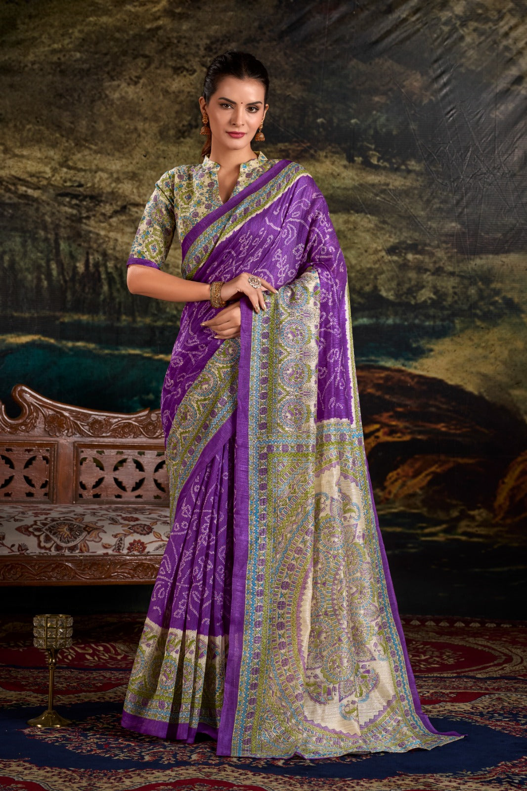 Magnificent Silk Fusion Madhubani Bandhej Printed Saree - Ethnicwish