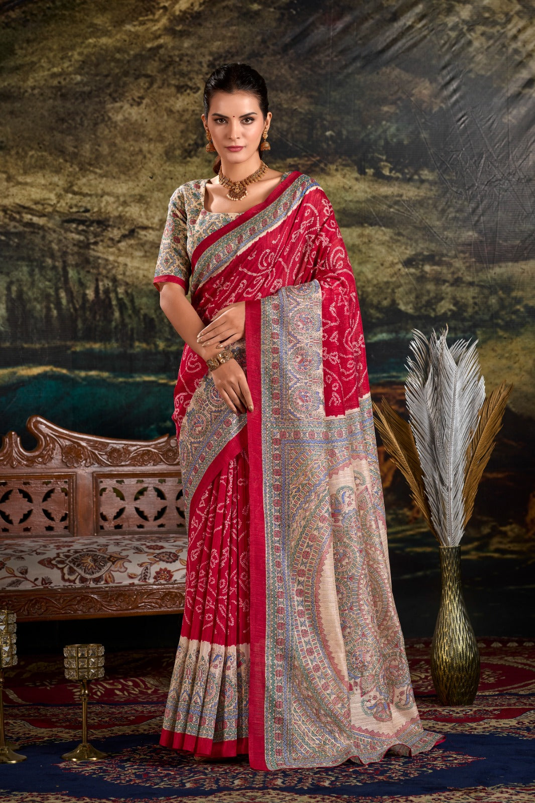 Magnificent Silk Fusion Madhubani Bandhej Printed Saree - Ethnicwish