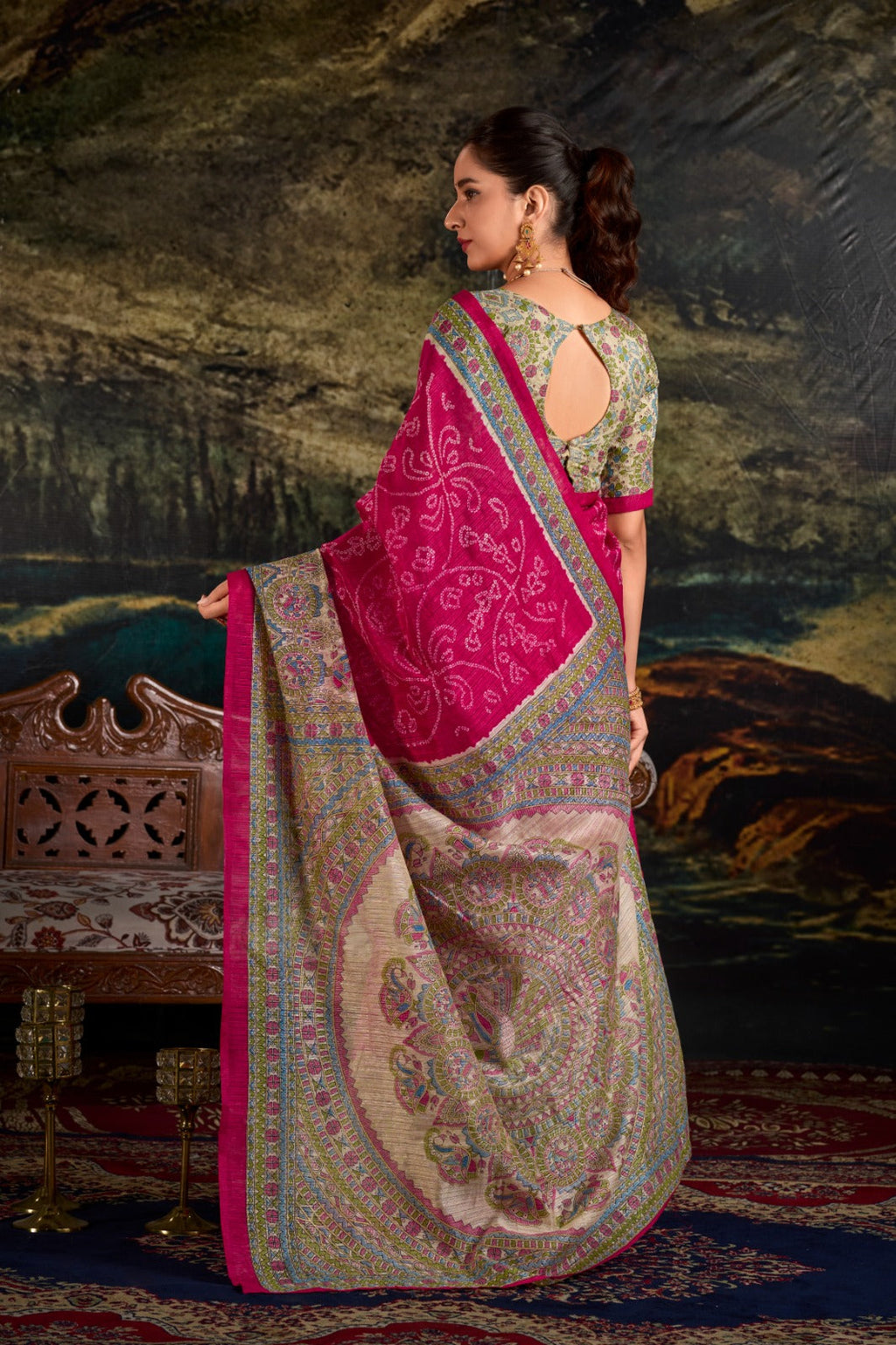 Magnificent Silk Fusion Madhubani Bandhej Printed Saree - Ethnicwish