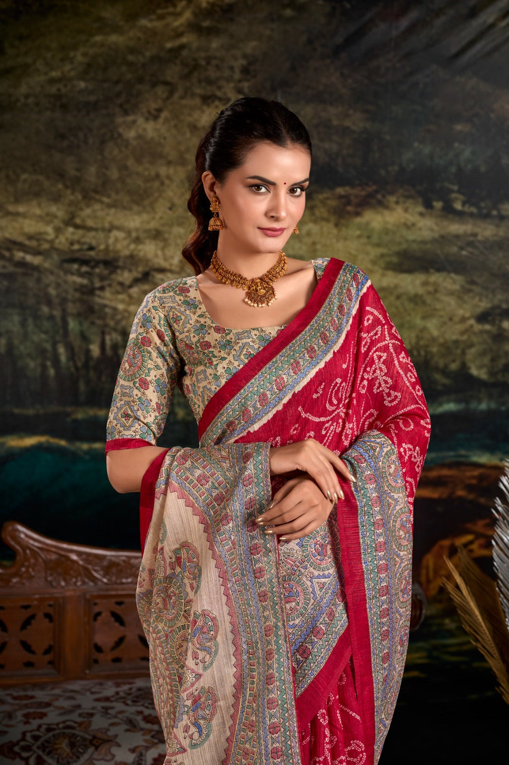 Magnificent Silk Fusion Madhubani Bandhej Printed Saree - Ethnicwish