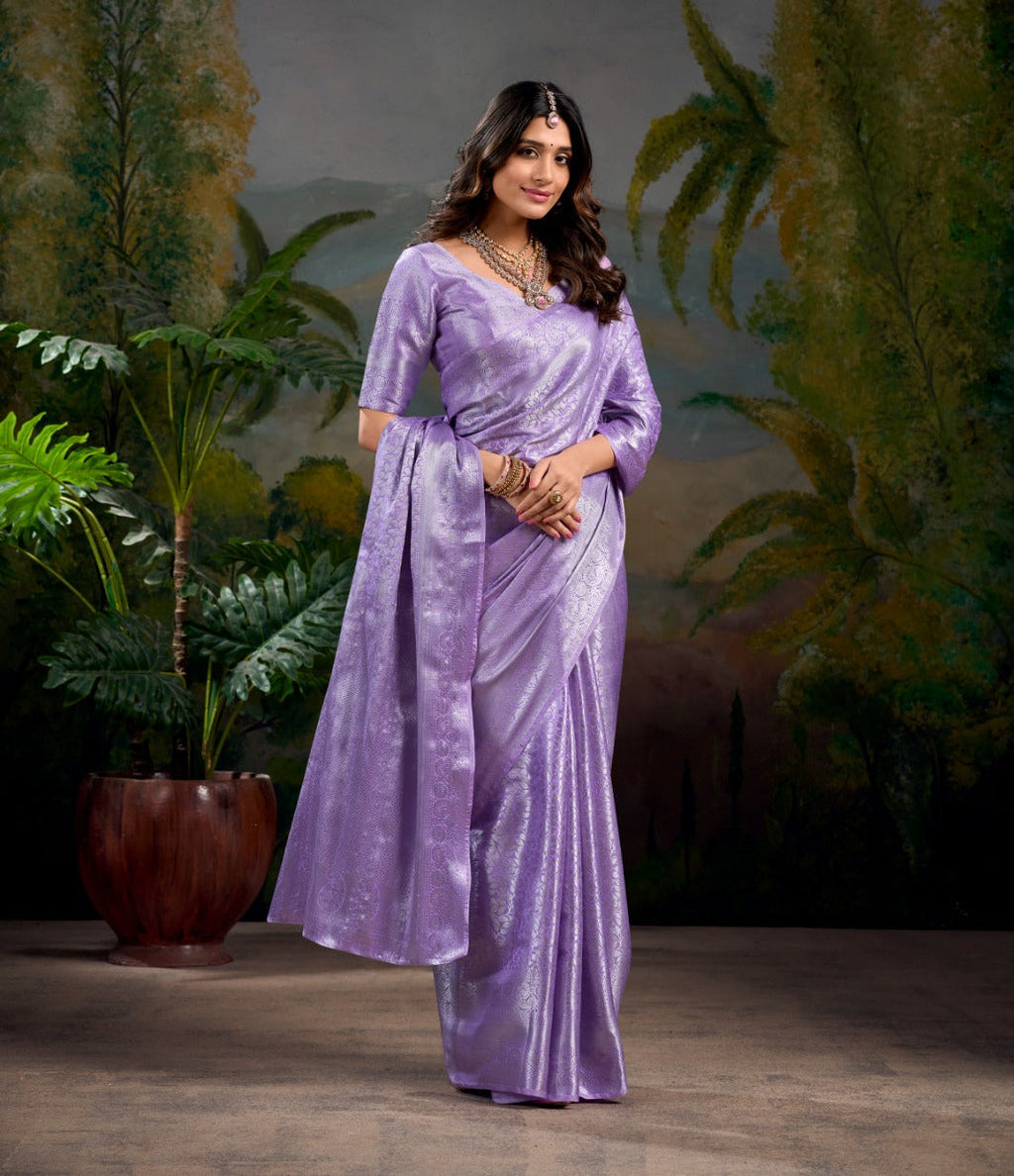 Lovely Lavender Kanjivaram Silk Zari Weaving Worked Saree - Ethnicwish
