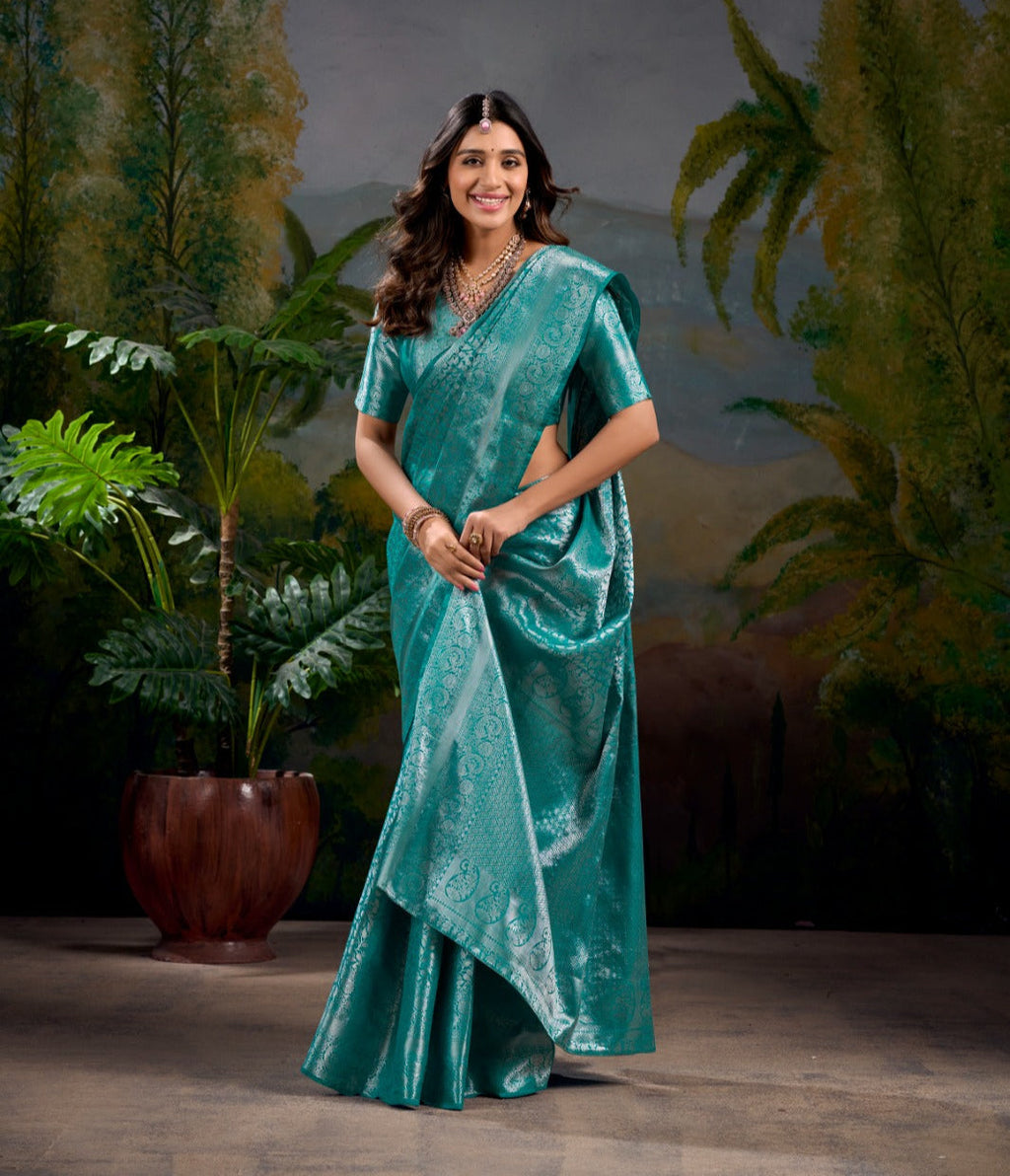 Graceful Firozi Kanjivaram Silk Zari Weaving Worked Saree - Ethnicwish