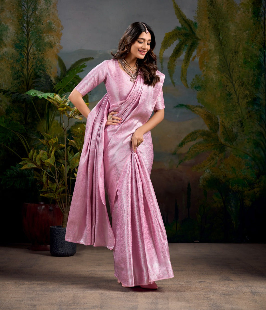 Stylish Peach Kanjivaram Silk Zari Weaving Worked Saree - Ethnicwish