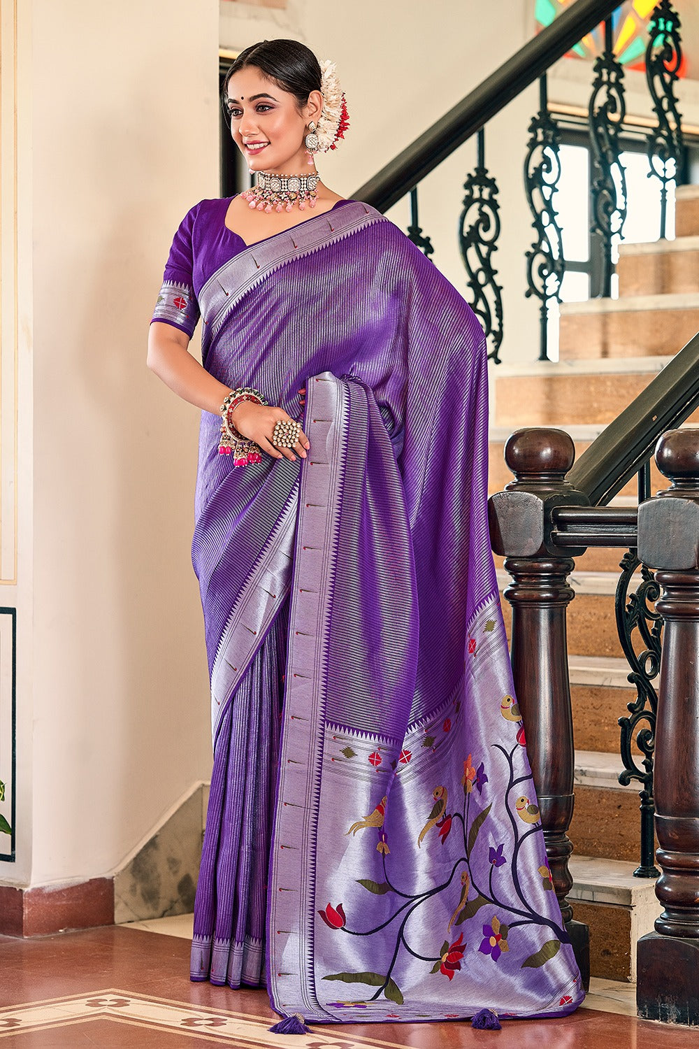 Stylish Purple Viscose Paithani Meenakari Weaving Worked Saree - Ethnicwish