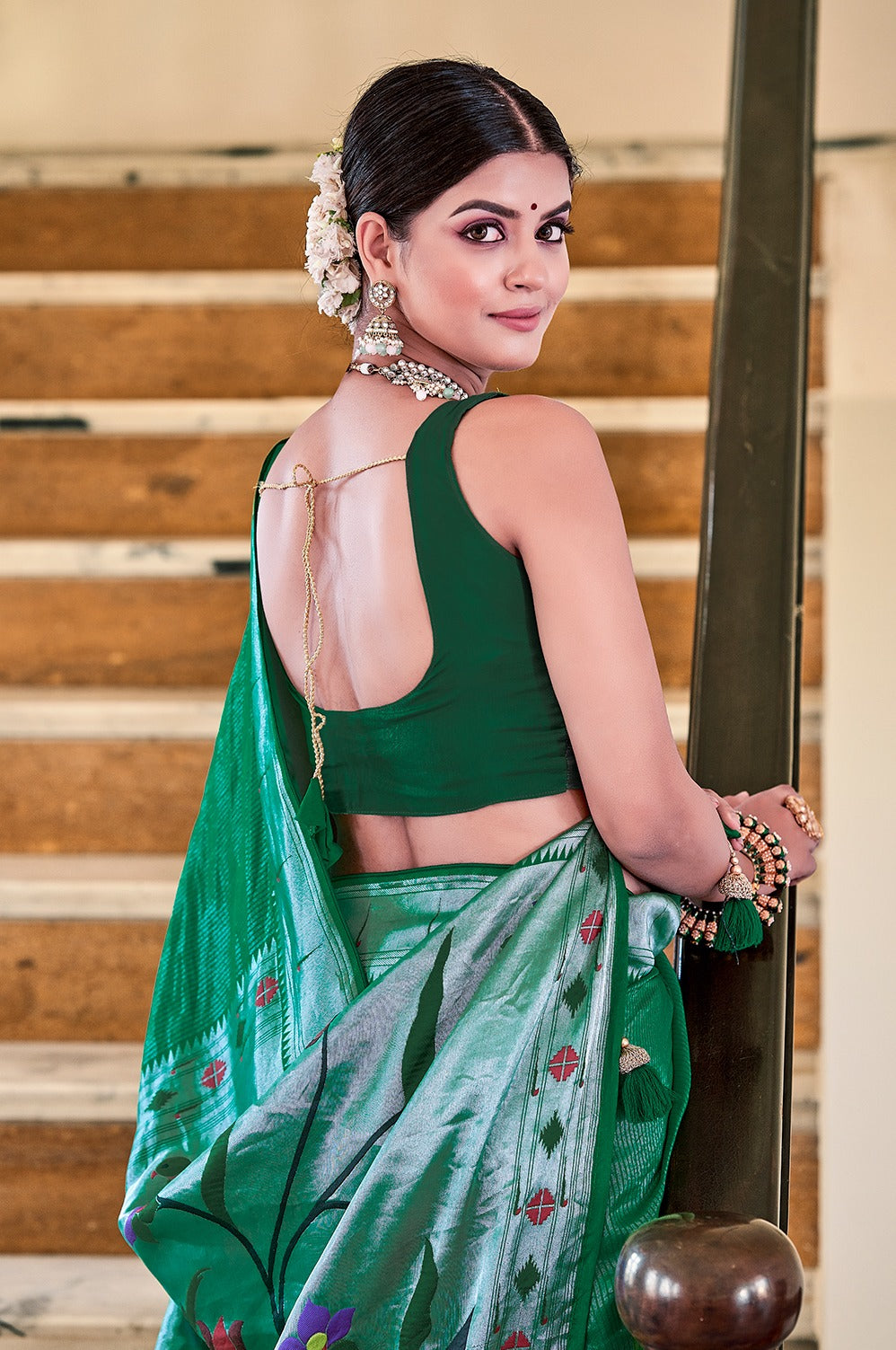 Breathtaking Green Viscose Paithani Meenakari Weaving Worked Saree - Ethnicwish