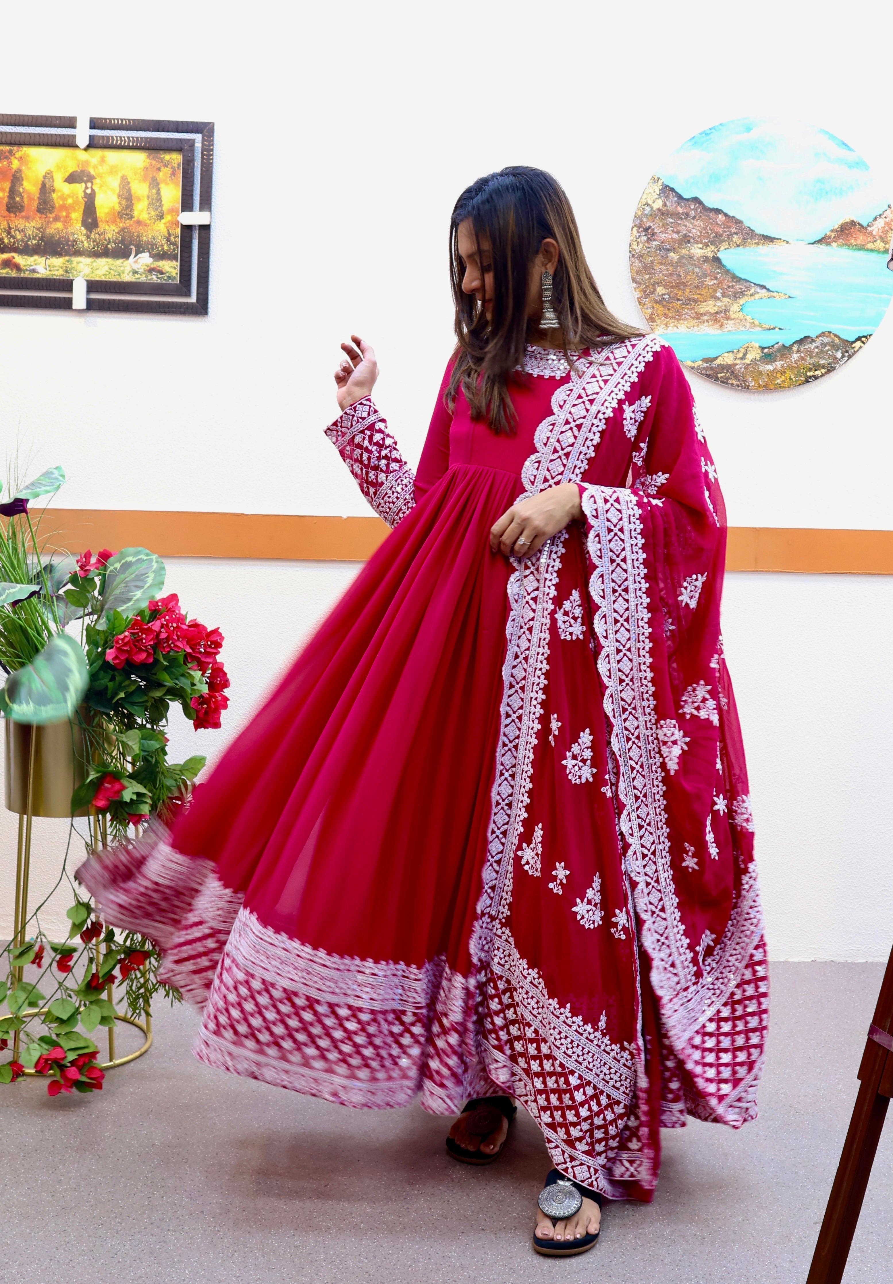 Breathtaking Faux Georgette Sequins Cording Worked Designer Gown - Ethnicwish