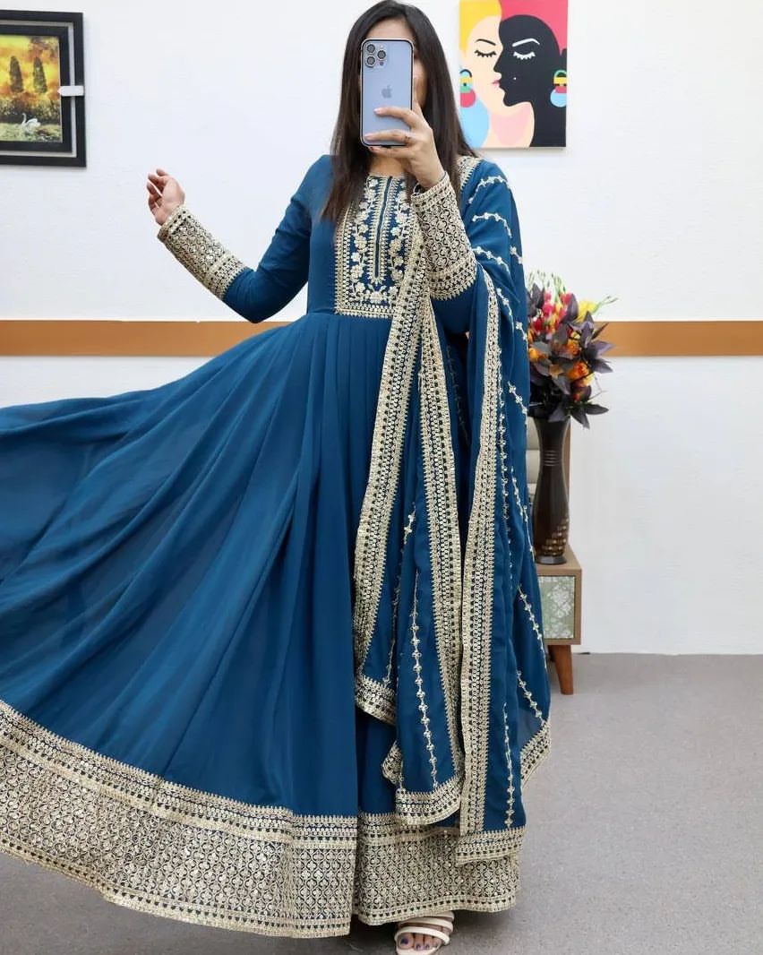 Breathtaking Faux Georgette Sequins Cording Worked Designer Gown - Ethnicwish