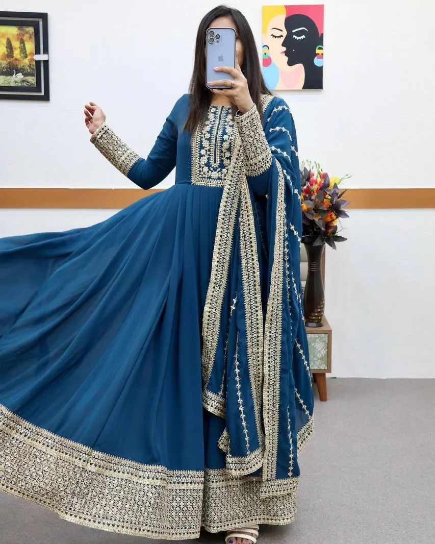 Breathtaking Faux Georgette Sequins Cording Worked Designer Gown - Ethnicwish